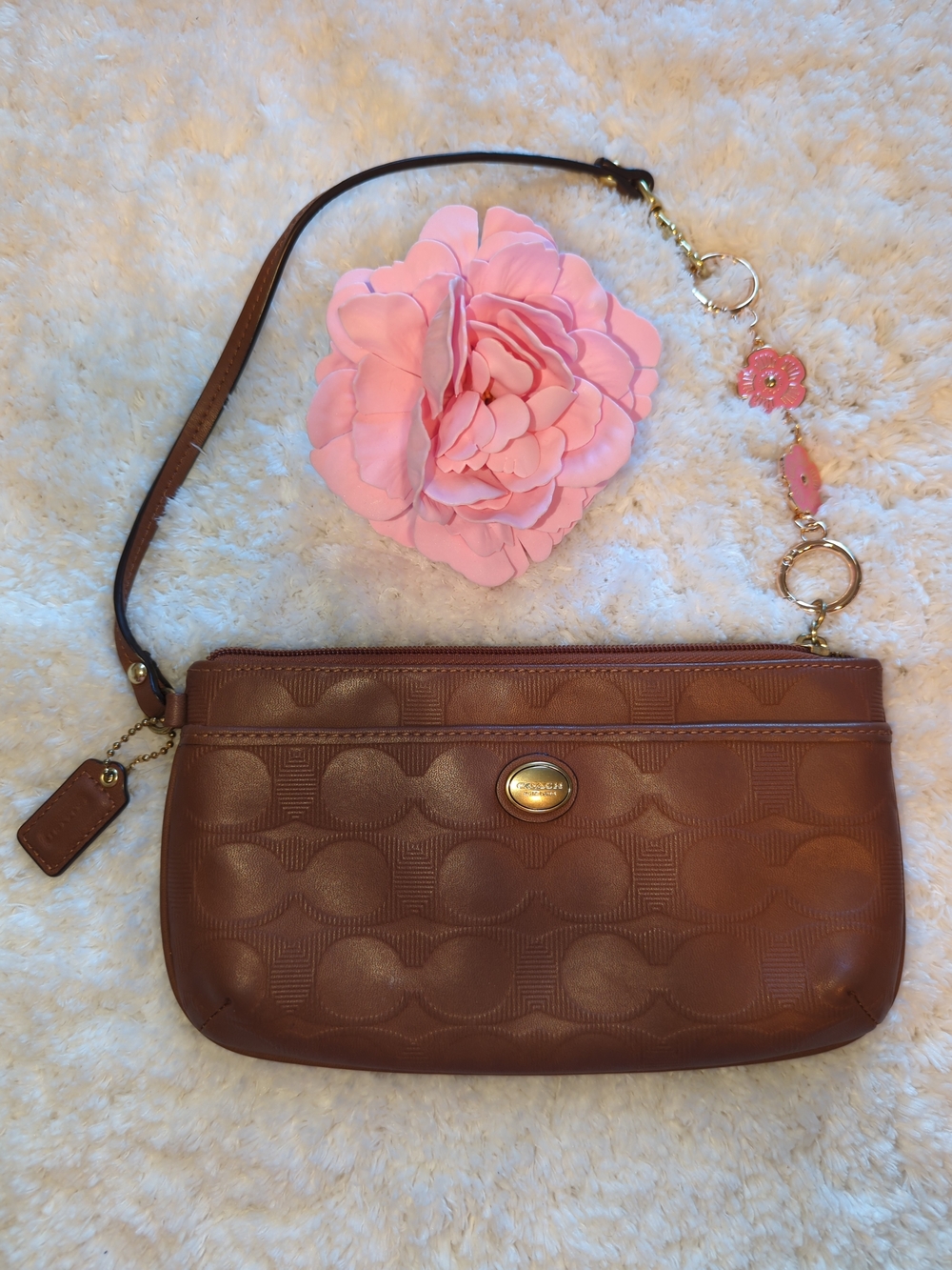 Coach Brown Signature Wristlet Clutch Converted Shoulder Bag With Tea Rose Charm